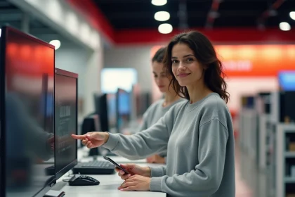 Femme payant en plusieurs fois sans frais avec sa carte bancaire dans un magasin Boulanger