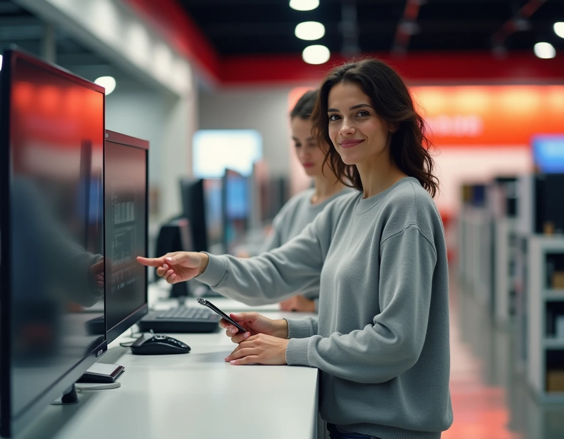 Femme payant en plusieurs fois sans frais avec sa carte bancaire dans un magasin Boulanger