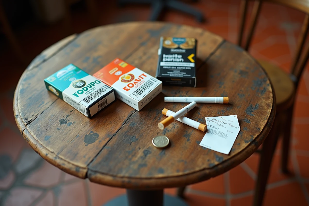 Paquets de cigarettes espagnoles avec étiquette de prix et pièces en euros sur une table en bois rustique