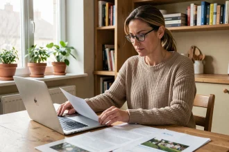 Particulière consultant des documents administratifs liés aux services du CRCAFC sur un ordinateur portable à domicile