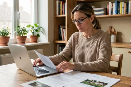 Particulière consultant des documents administratifs liés aux services du CRCAFC sur un ordinateur portable à domicile