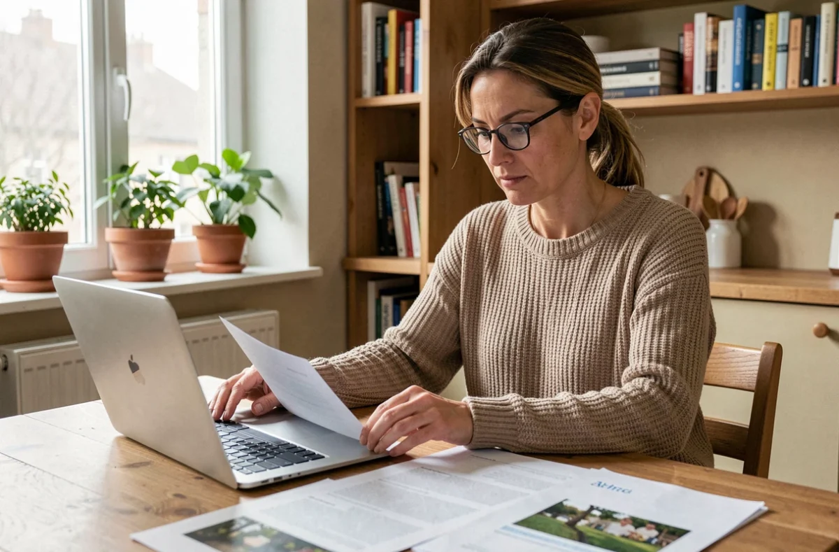 Particulière consultant des documents administratifs liés aux services du CRCAFC sur un ordinateur portable à domicile