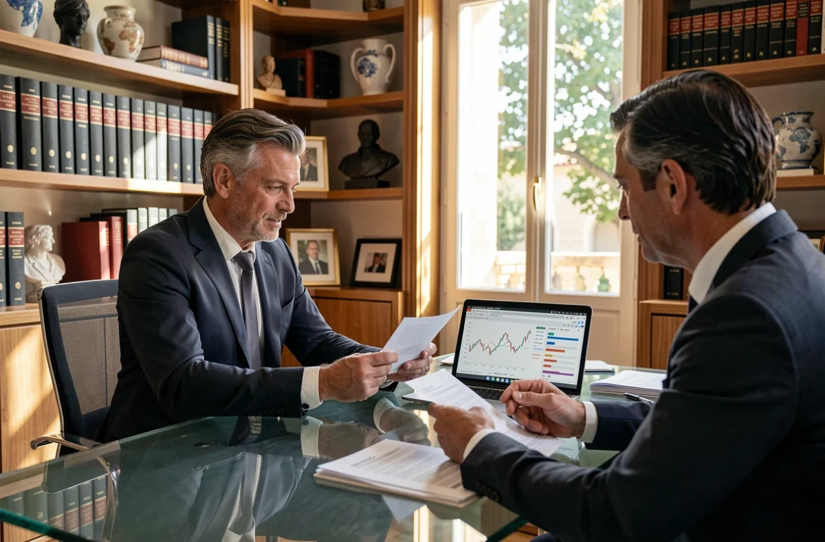 Conseiller de Patrimonial Conseil en consultation avec un client dans un bureau élégant et bien documenté à Aix-en-Provence