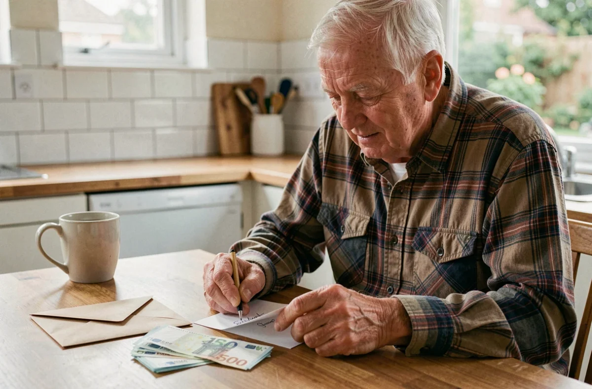 Un homme âgé écrit une carte et prépare une enveloppe avec des billets en euros pour un don en cadeau à la maison