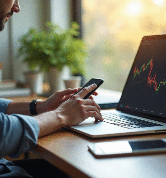 Personne confiante utilisant ordinateur et smartphone avec graphiques financiers et logo Degiro