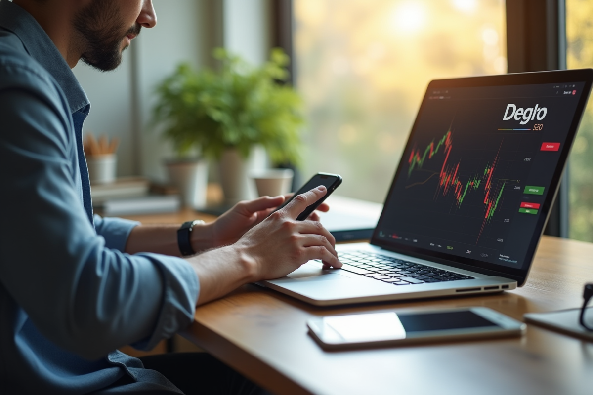 Personne confiante utilisant ordinateur et smartphone avec graphiques financiers et logo Degiro