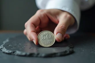 Pièce de 50 Francs argent 1977 Hercule tenue à la main, détail de la patine argentée et du relief gravé