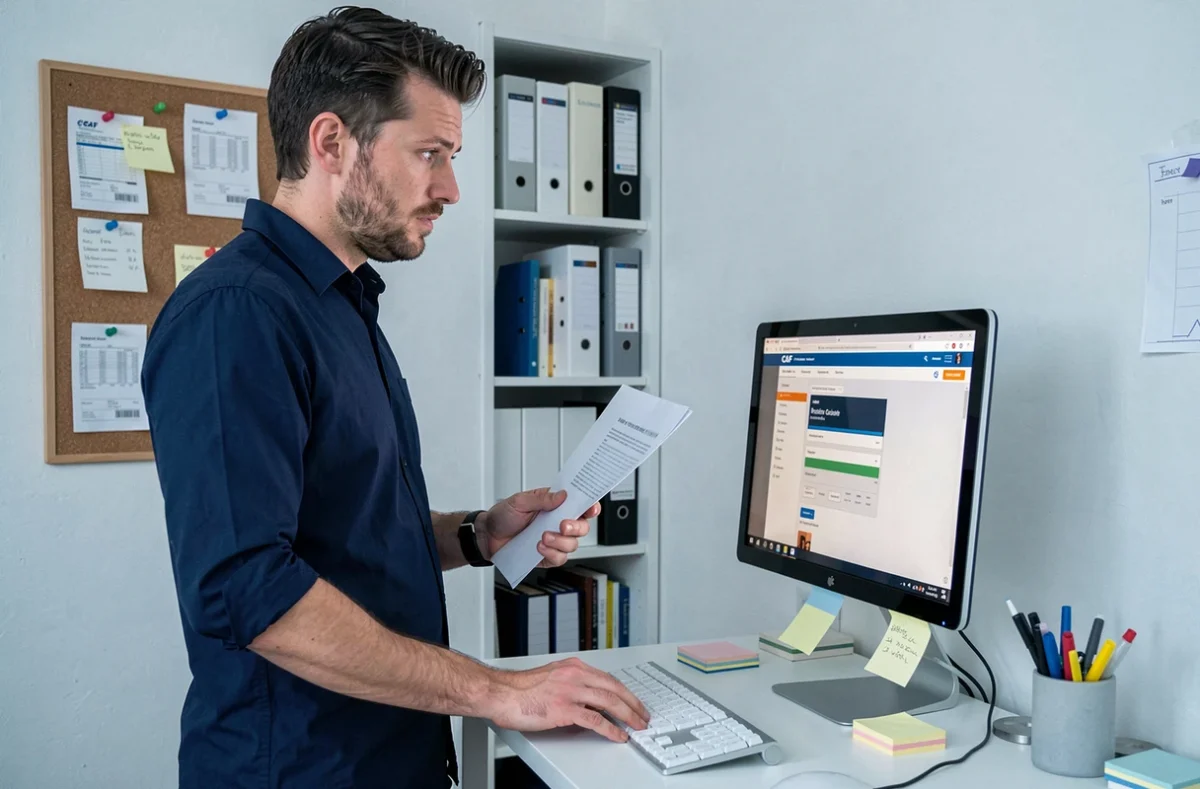 Homme consultant le portail CAF en ligne dans un bureau à domicile avec des documents administratifs