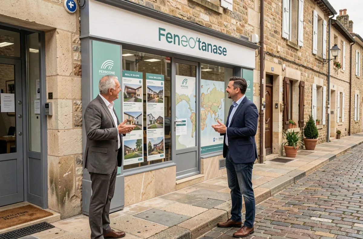 Directeur du réseau Pozzo Immobilier devant une agence normande, accueillant un investisseur pour un conseil en gestion locative