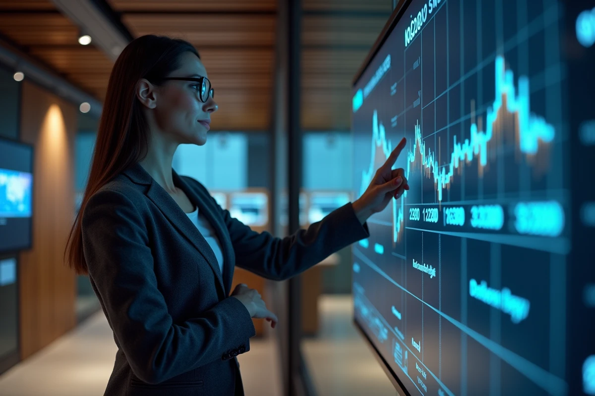 Professionnelle en finance présentant une comparaison de volatilité et de dividendes d'actions cotées à Paris sur tableau de bord numérique