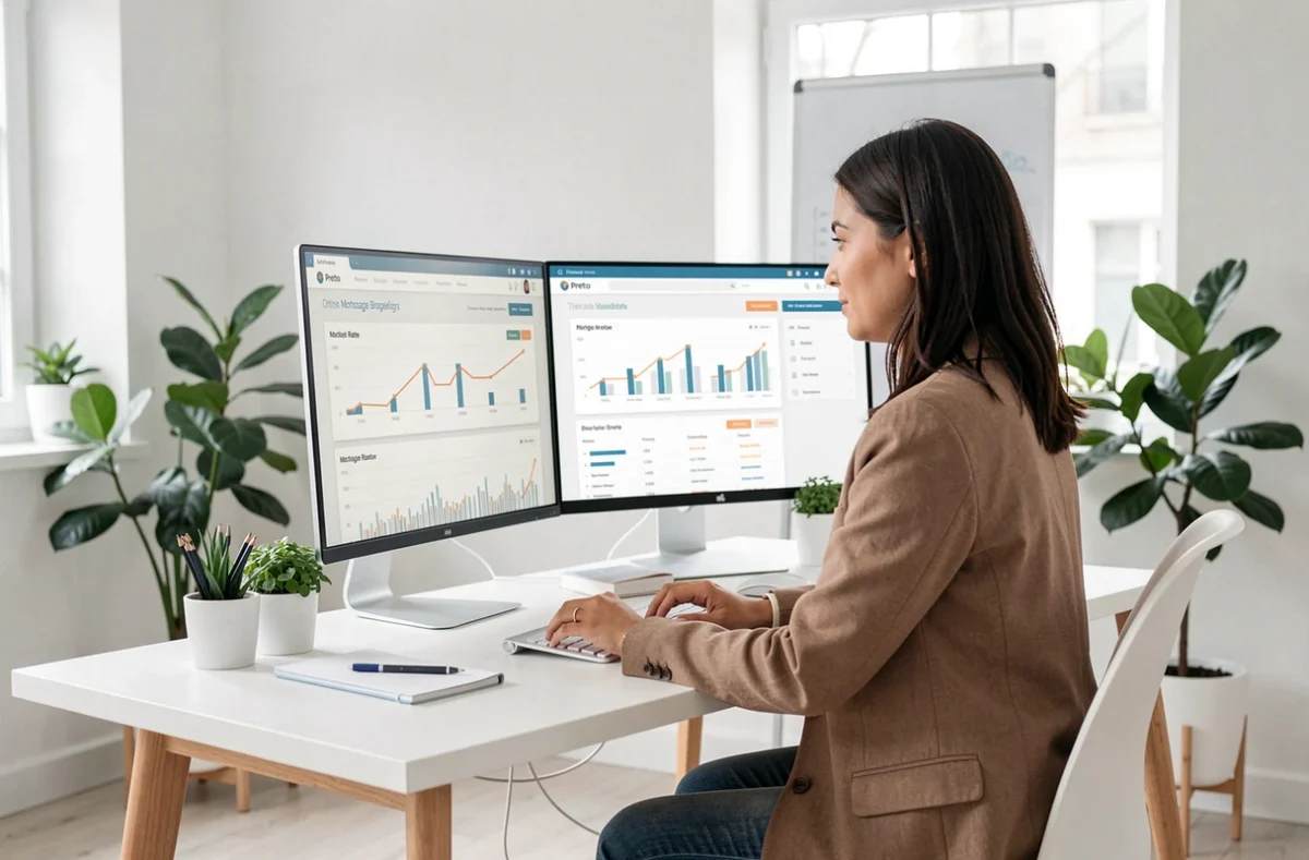 Conseillère Pretto travaillant sur un comparatif de taux de crédit immobilier en ligne depuis son bureau épuré