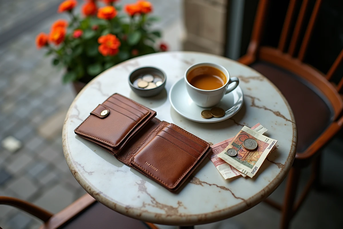 Pièces en euros, reçu et paquet de cigarettes sur une table de café en Italie illustrant le prix des cigarettes