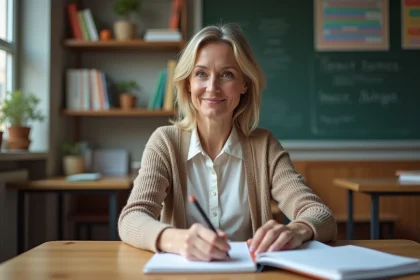 Professeur français en classe vérifiant des papiers