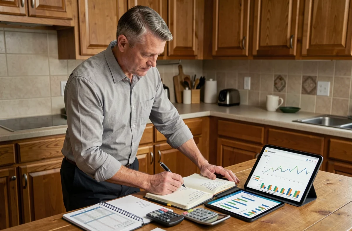 Professeur consultant un simulateur de salaire sur tablette pour planifier son budget familial mensuel dans sa cuisine