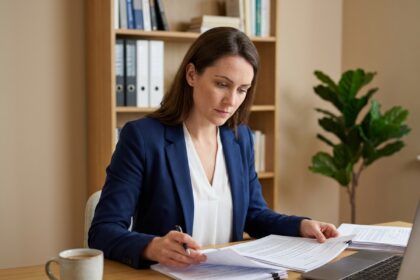 Femme libérale consultant des documents juridiques et fiscaux dans un bureau moderne avant de lancer son activité
