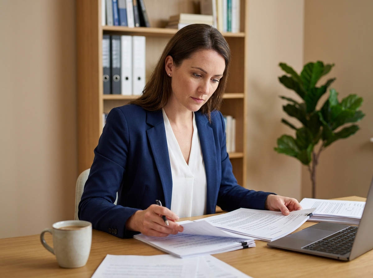 Femme libérale consultant des documents juridiques et fiscaux dans un bureau moderne avant de lancer son activité