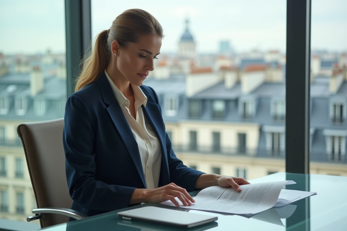 Professionnelle en blazer marine analysant des documents financiers dans un bureau parisien moderne avec vue sur les toits haussmanniens