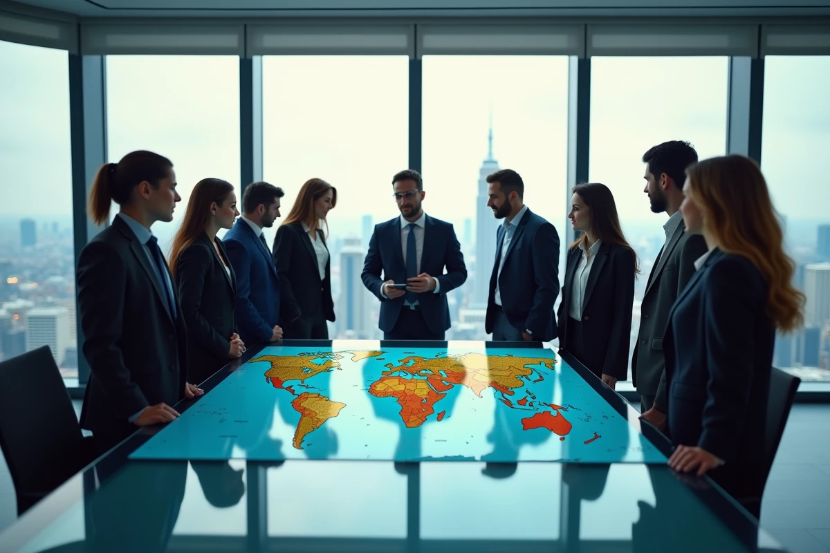 Groupe de professionnels analysant une carte du monde