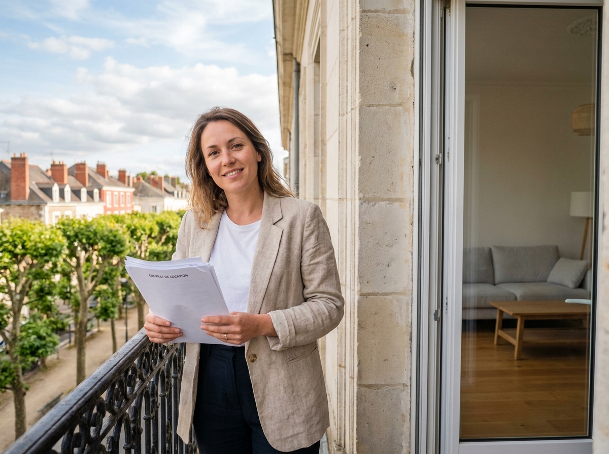 Jeune femme propriétaire tenant un bail locatif sur le balcon de son appartement à Nantes, exemple de réussite d'investissement locatif