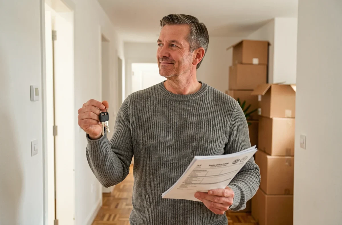 Propriétaire tenant les clés de son logement et un document d'assurance de prêt immobilier