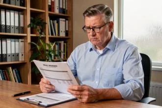 Propriétaire immobilier examinant un contrat d'assurance loyer impayé à son bureau