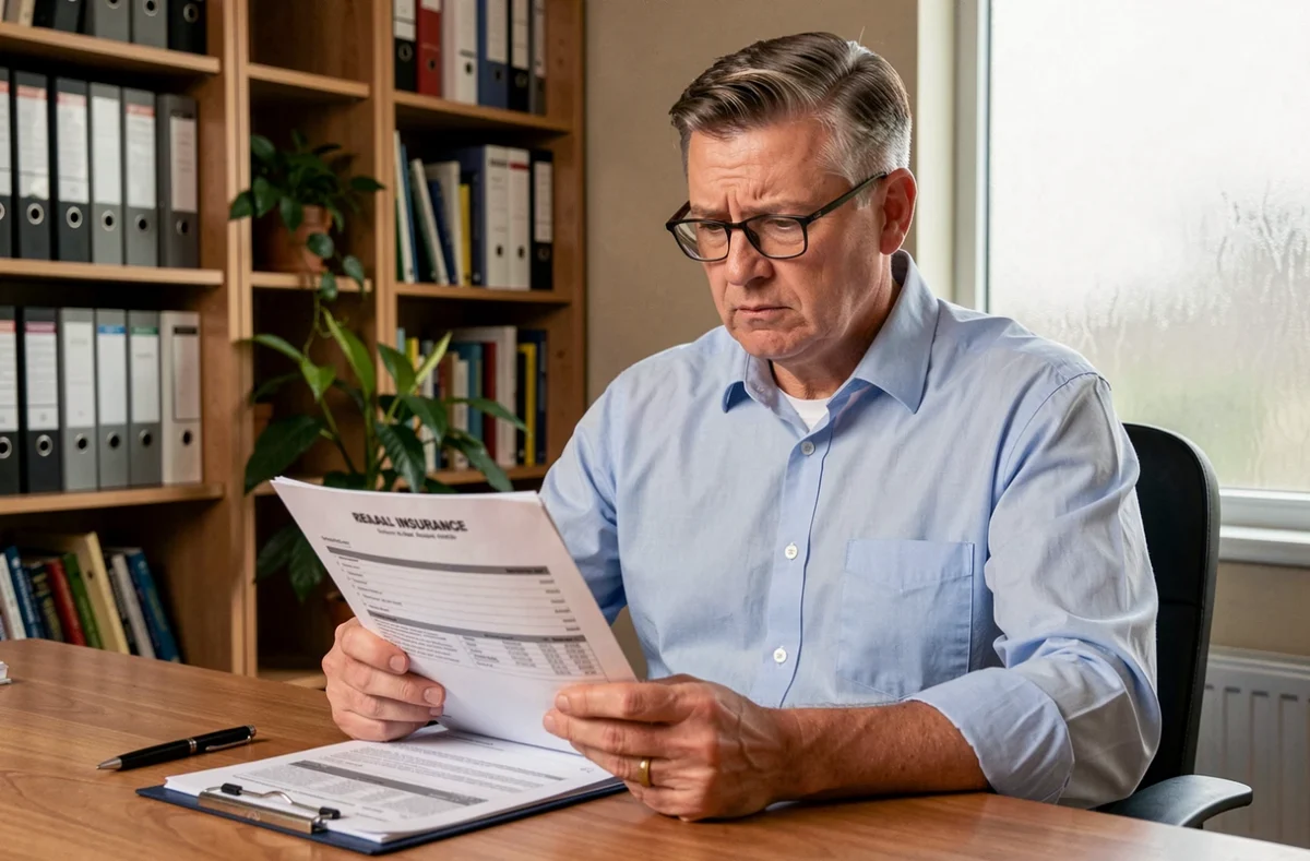 Propriétaire immobilier examinant un contrat d'assurance loyer impayé à son bureau