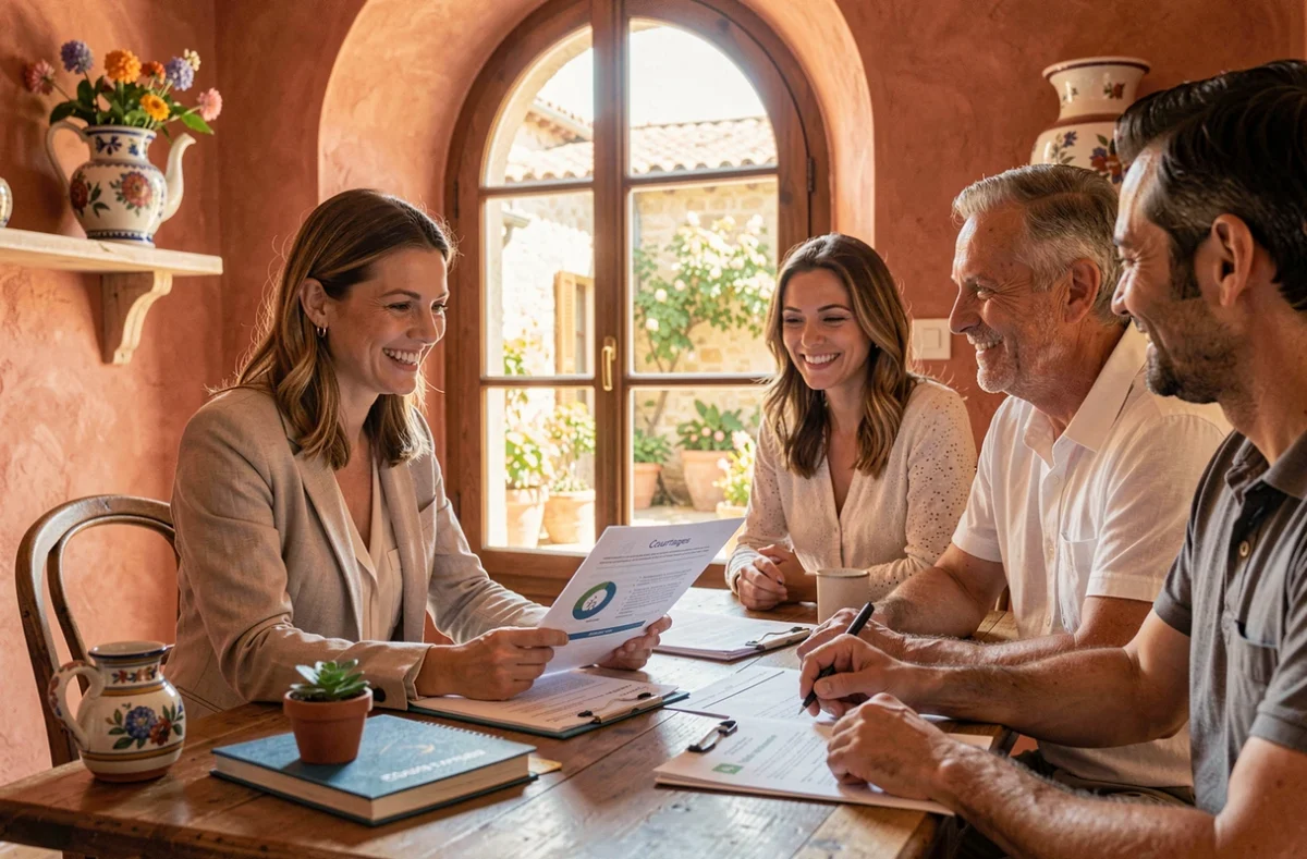 Courtière Provence Courtages accompagnant un couple dans leur projet immobilier dans un bureau aux accents provençaux