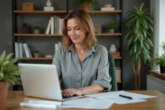 Femme consultant le site Ciclade sur un ordinateur portable pour rechercher des données personnelles liées à des contrats d'assurance oubliés