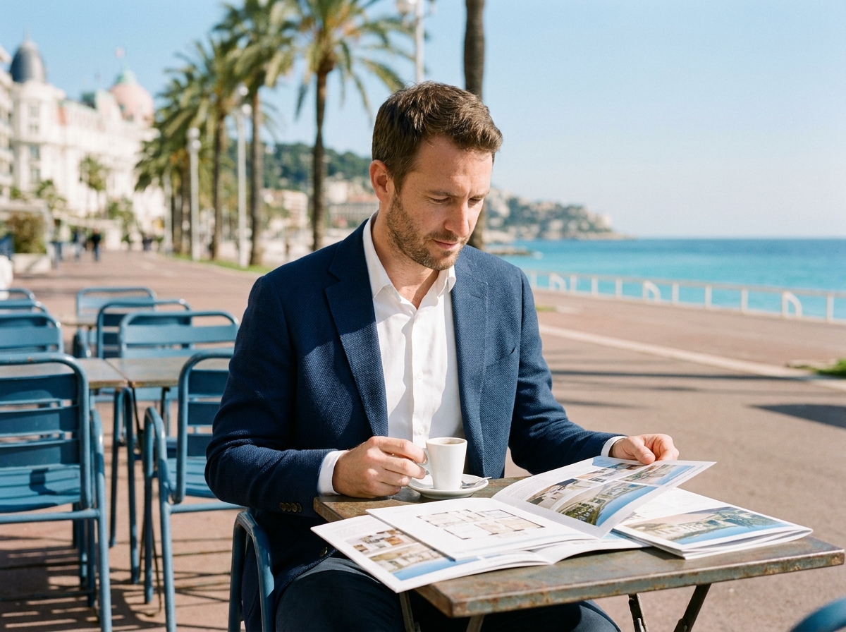 Homme consultant des annonces immobilières en terrasse face à la Promenade des Anglais à Nice, illustrant la recherche d'un pied-à-terre avec un budget maîtrisé