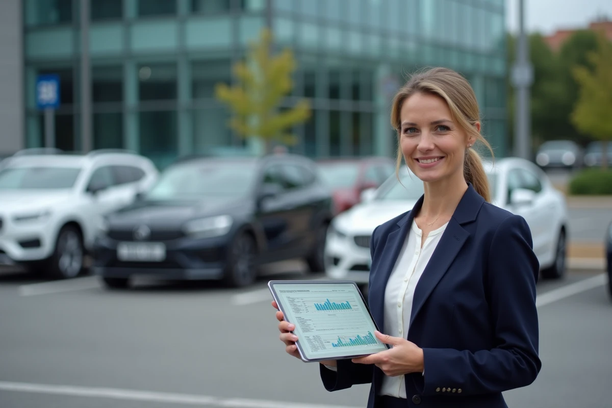 Responsable de flotte automobile tenant une tablette avec des données TVS devant des véhicules de société dans un parking d'entreprise