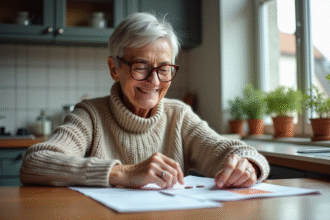 Femme retraitée souriante lisant des papiers dans la cuisine