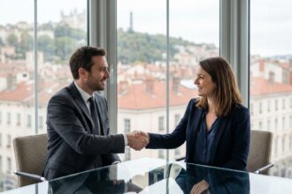 Homme et femme d'affaires se serrant la main à Lyon