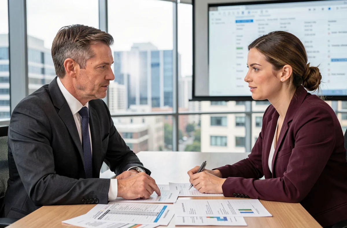 Réunion d'évaluation salariale entre un manager et une comptable dans une salle de réunion vitrée