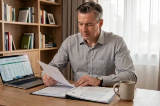 Homme d'affaires étudiant des documents de revente de parts de SCPI sur un bureau en bois dans un bureau à domicile moderne