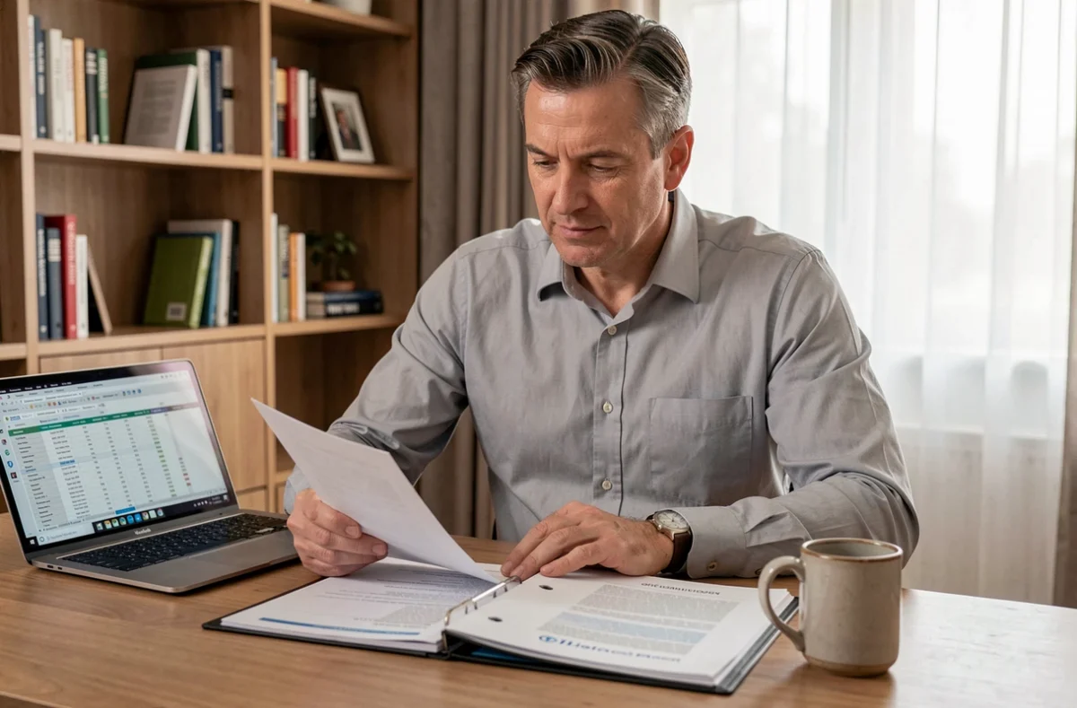 Homme d'affaires étudiant des documents de revente de parts de SCPI sur un bureau en bois dans un bureau à domicile moderne