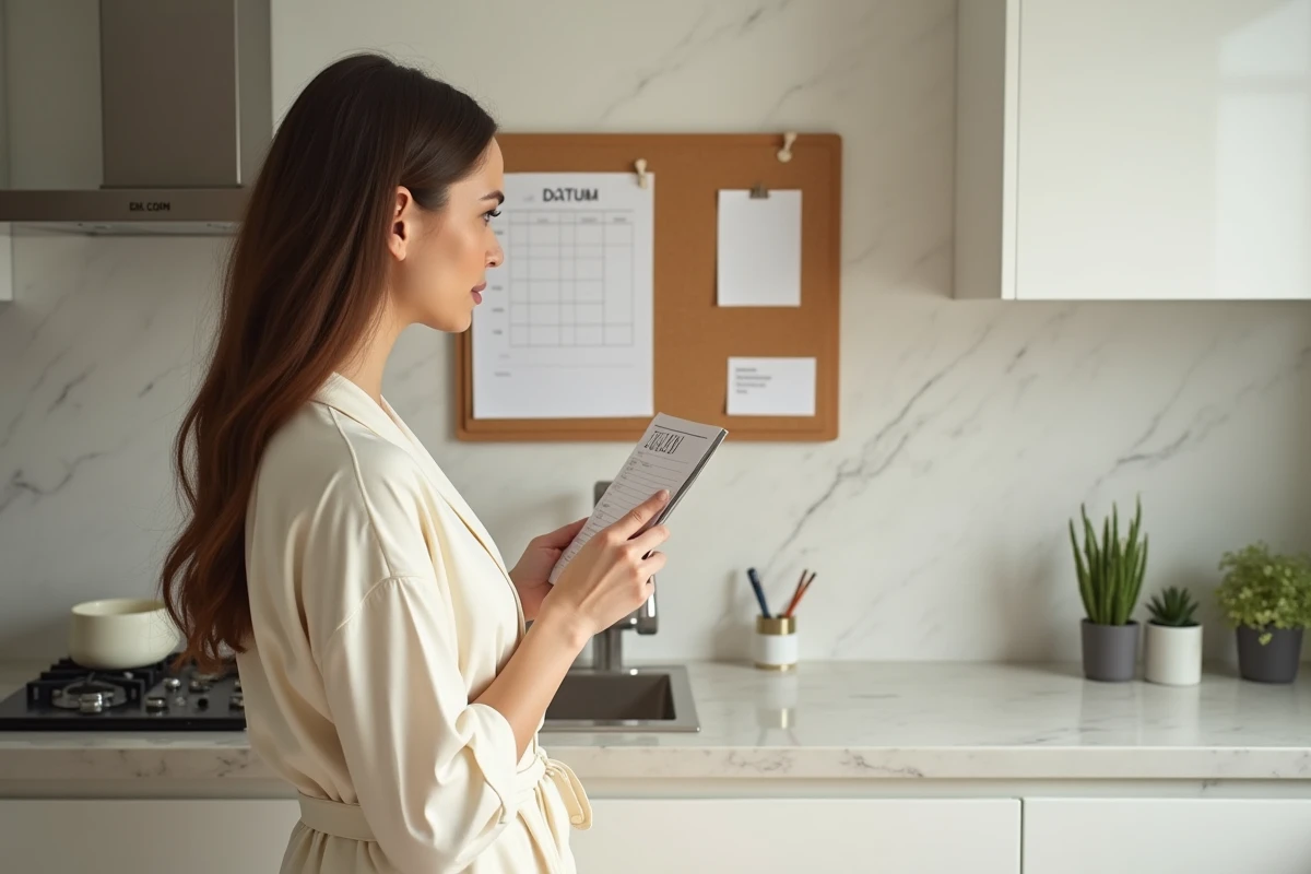Femme consultant son planning quotidien dans la cuisine le matin dans le cadre d'une routine organisée swagbugs