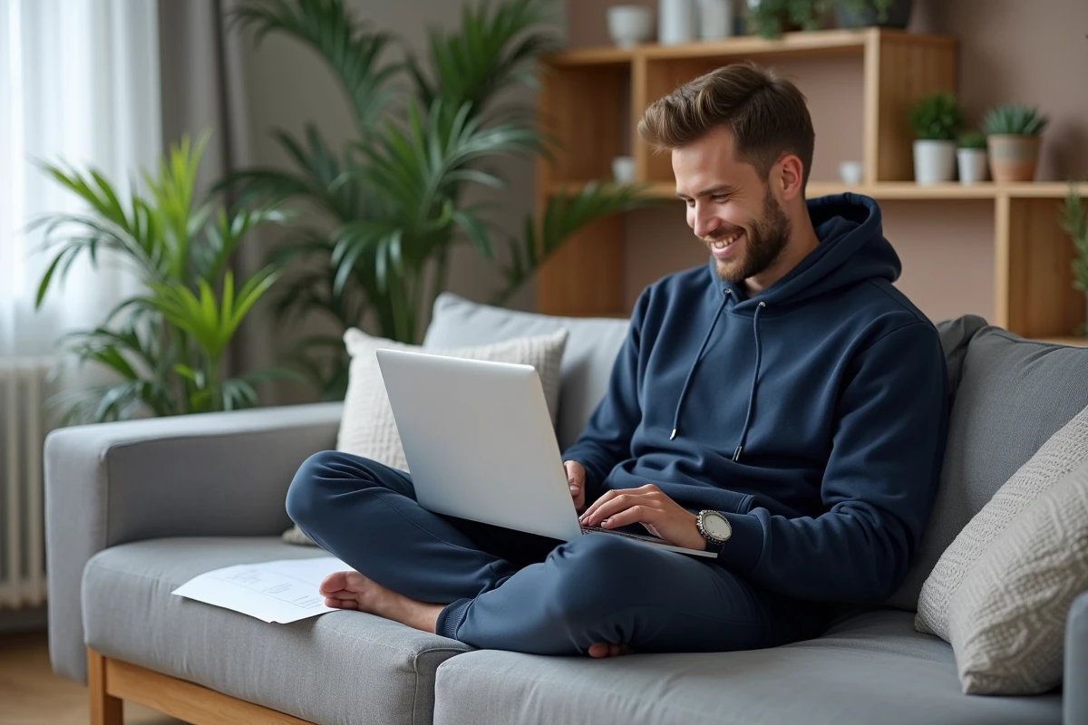 Homme travaillant sur ordinateur portable depuis son salon dans le cadre d'une routine productive quotidienne de 30 minutes