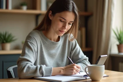 Femme organisée écrivant dans un bullet journal lors de sa routine quotidienne de productivité de 30 minutes