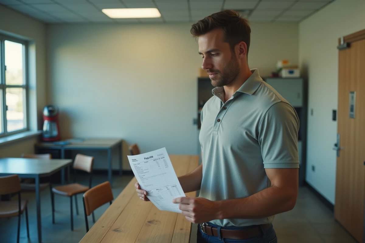 Jeune salarié à temps partiel 25h consultant sa fiche de paie dans une salle de pause au travail