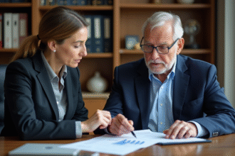 Homme senior et conseillère financière discutant documents