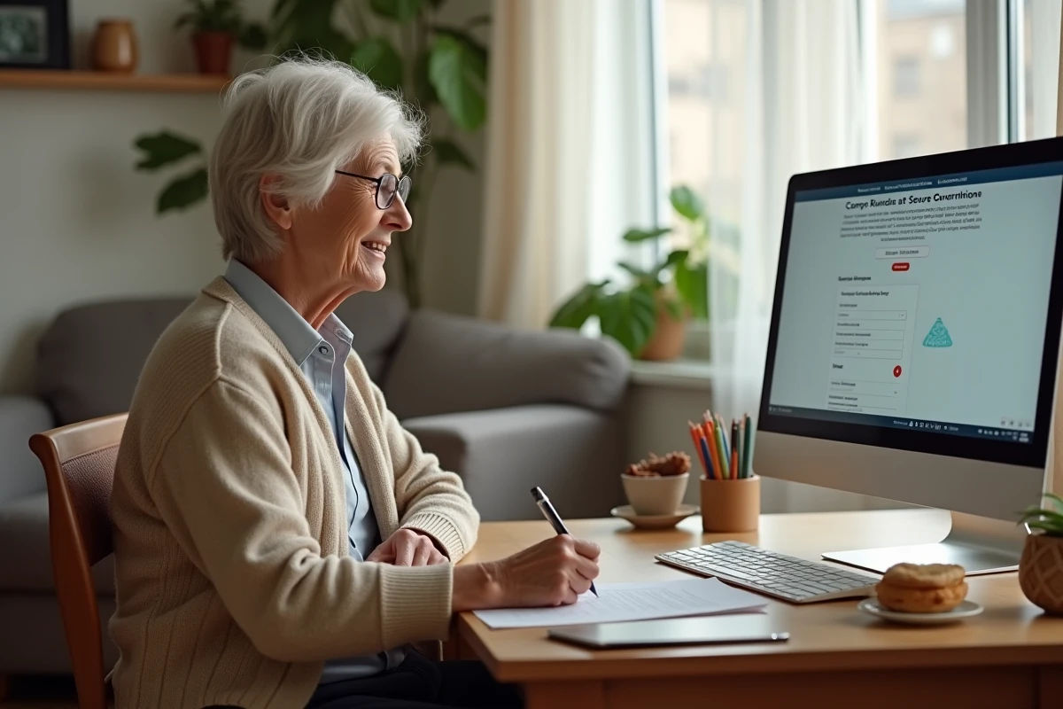 Femme senior remplissant un formulaire de recherche Ciclade pour sécuriser ses données personnelles et retrouver un contrat d'assurance vie