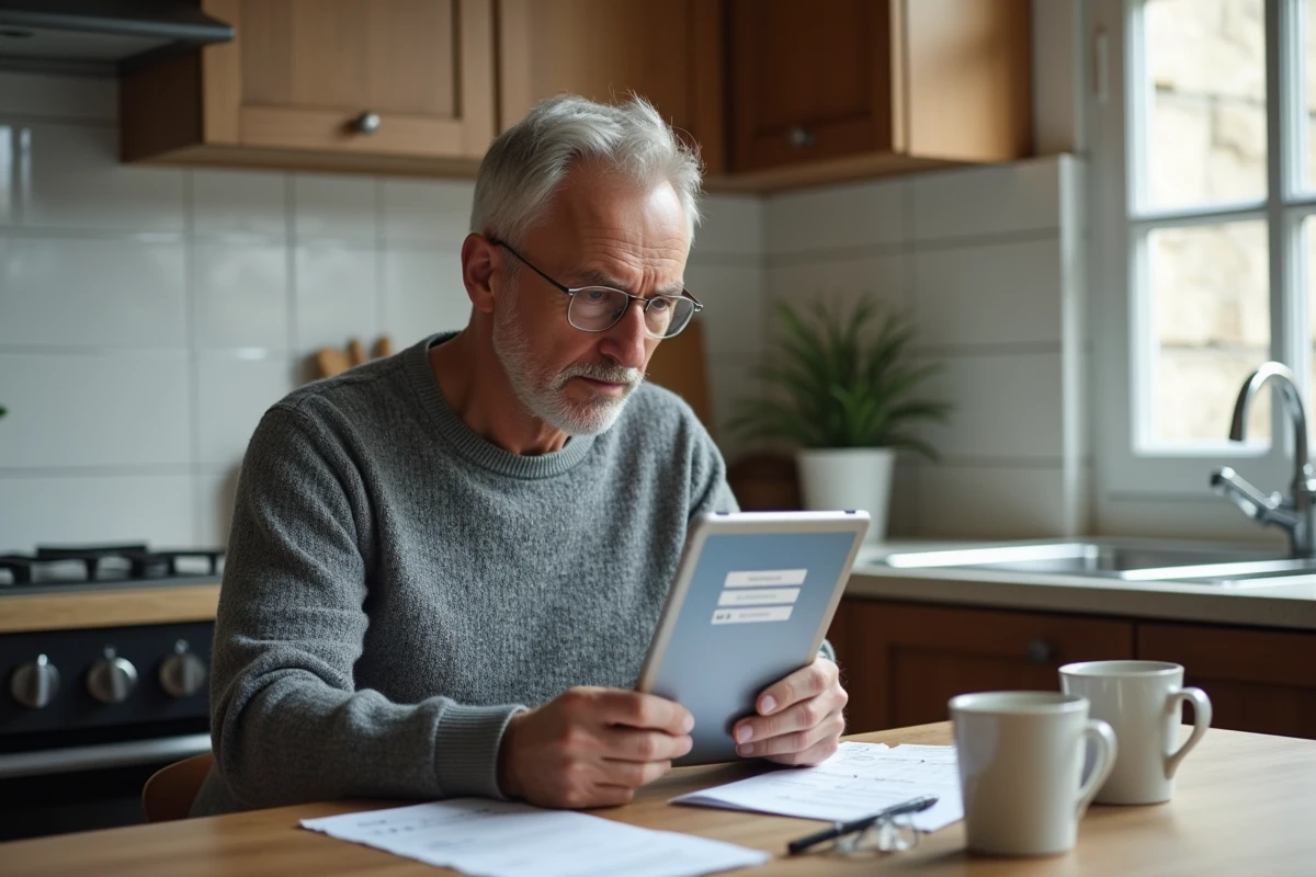 Homme senior tentant de se connecter à Cyberplus Banque Populaire Sud Ouest sur une tablette dans sa cuisine