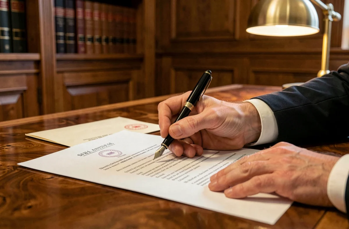 Signature d'un acte de cession de parts de SCPI sur un bureau de notaire avec contrat immobilier et enveloppe officielle