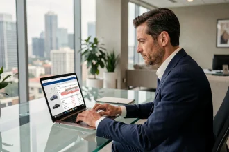 Homme d'affaires consultant un simulateur de calcul TVS 2026 sur un ordinateur portable dans un bureau moderne