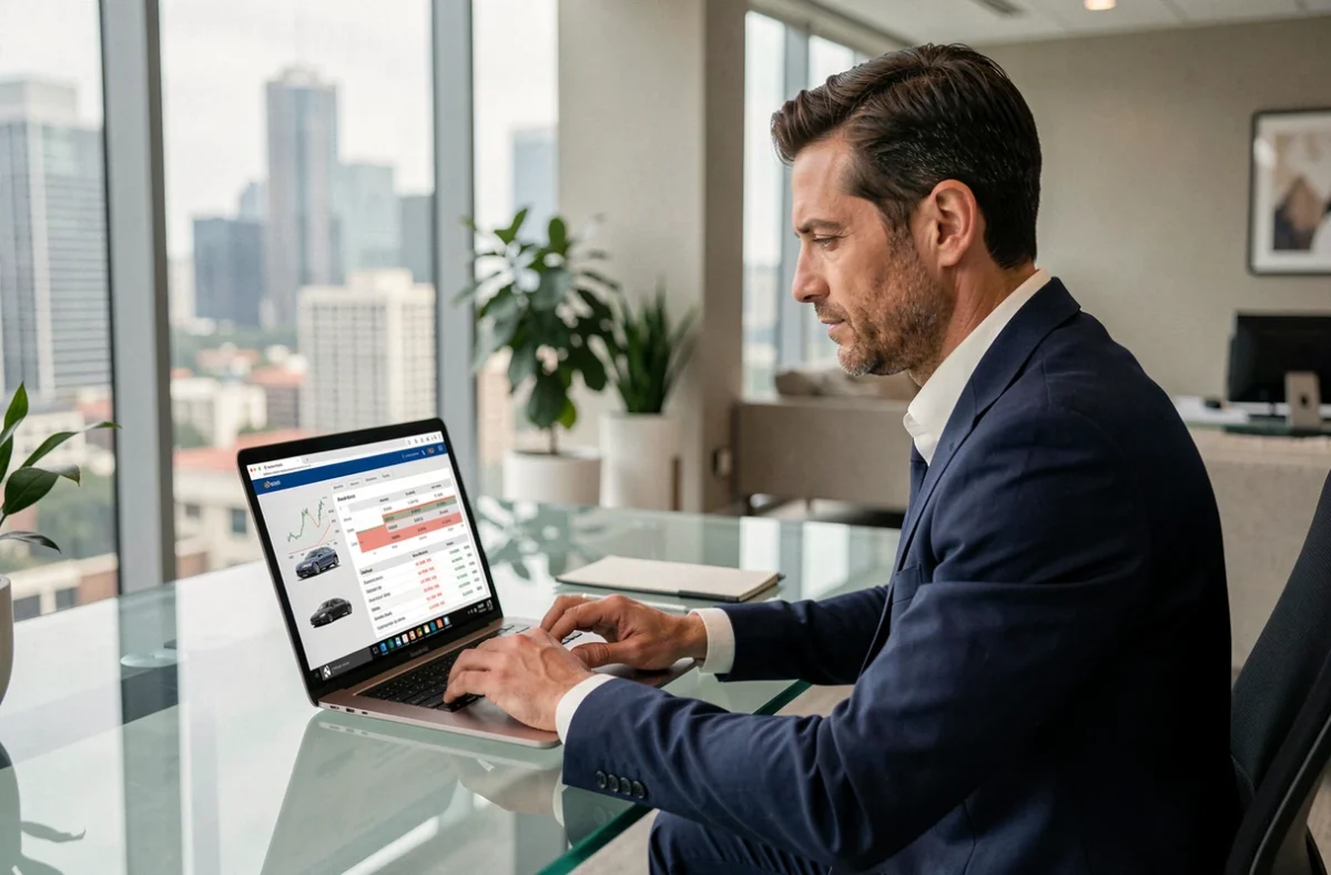 Homme d'affaires consultant un simulateur de calcul TVS 2026 sur un ordinateur portable dans un bureau moderne
