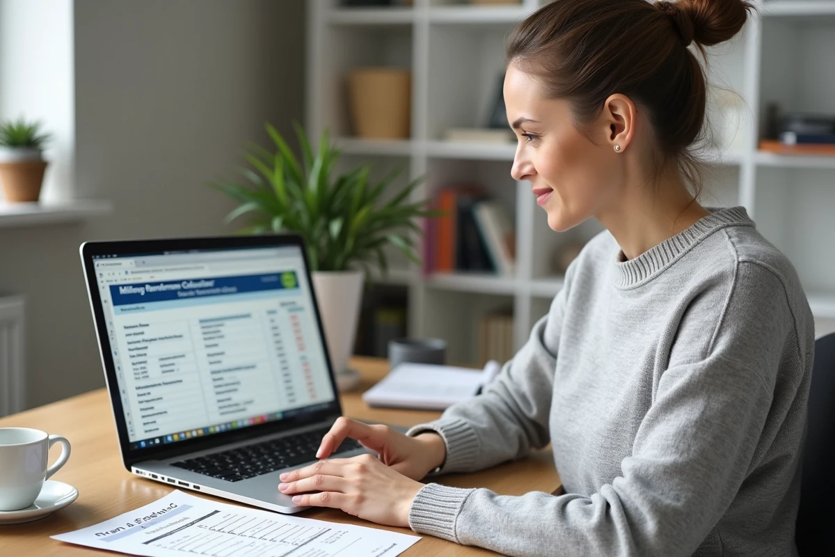 Femme utilisant un simulateur de frais kilométriques sur ordinateur portable à son bureau à domicile