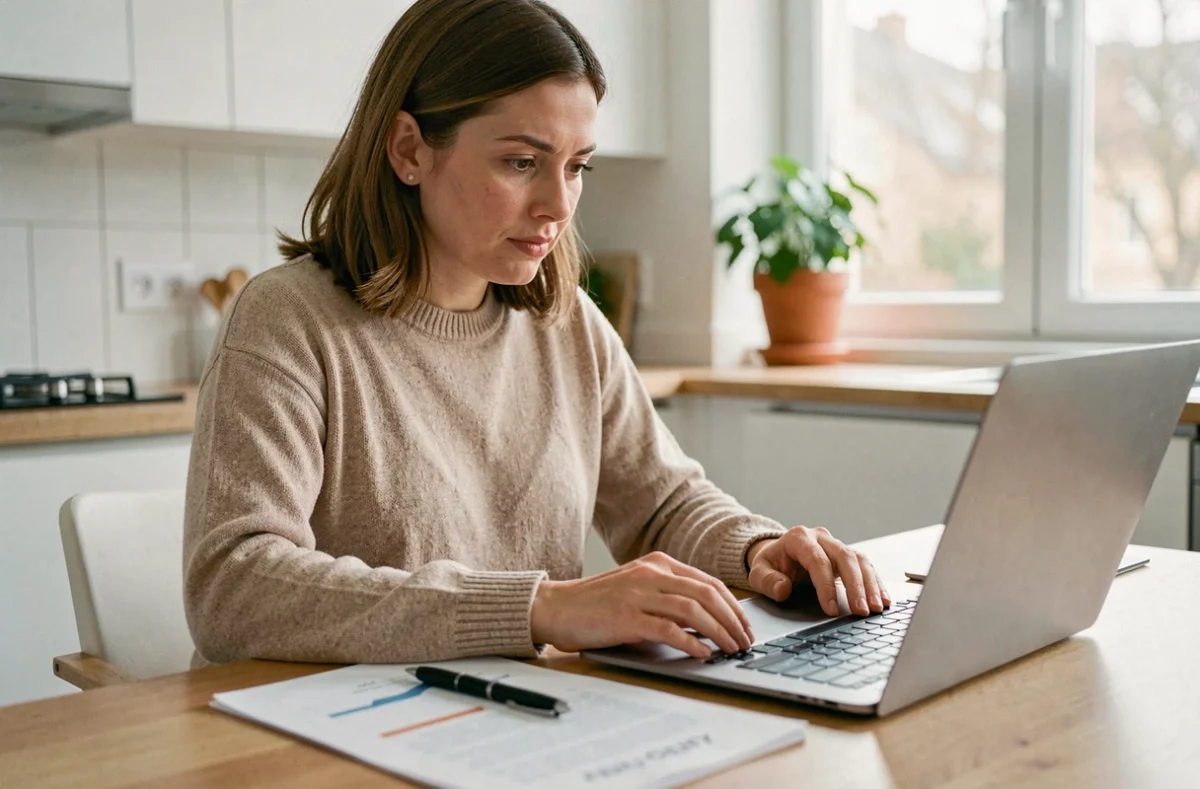 Femme consultant un simulateur de crédit en ligne sur son ordinateur portable à la maison