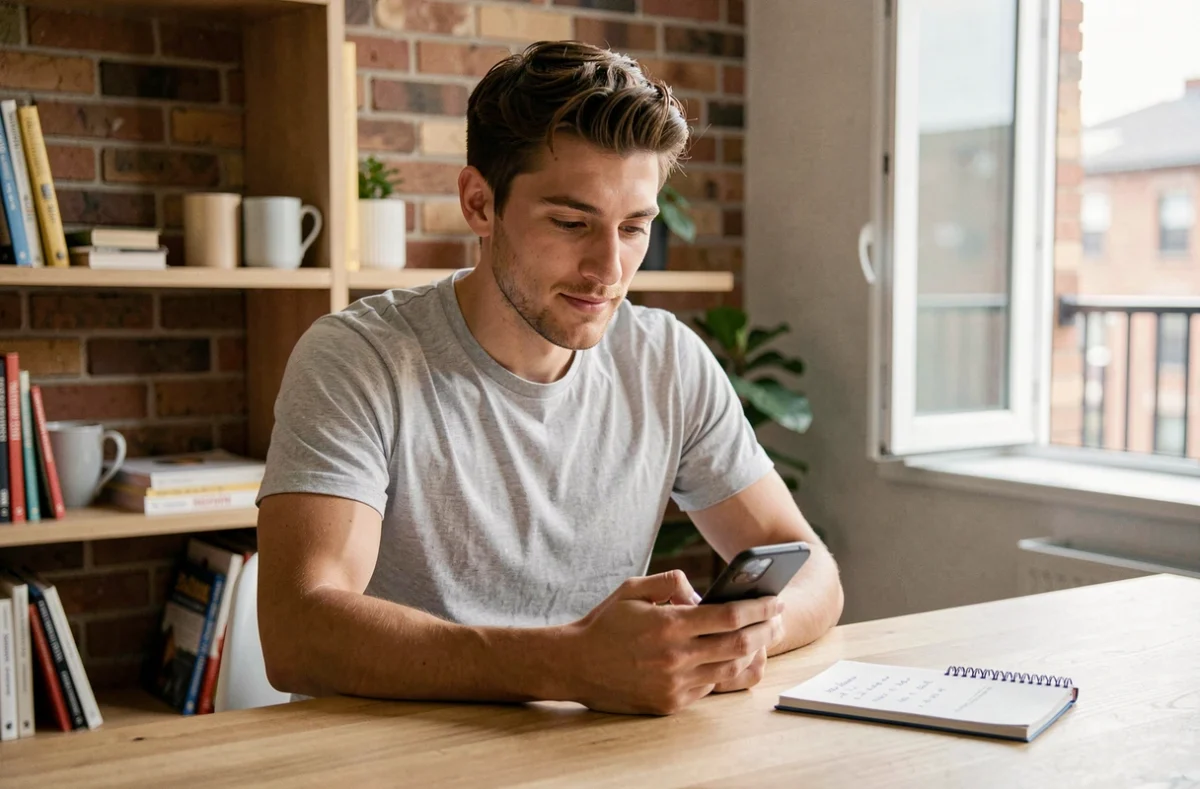 Jeune homme utilisant son smartphone pour simuler un crédit en ligne depuis son appartement