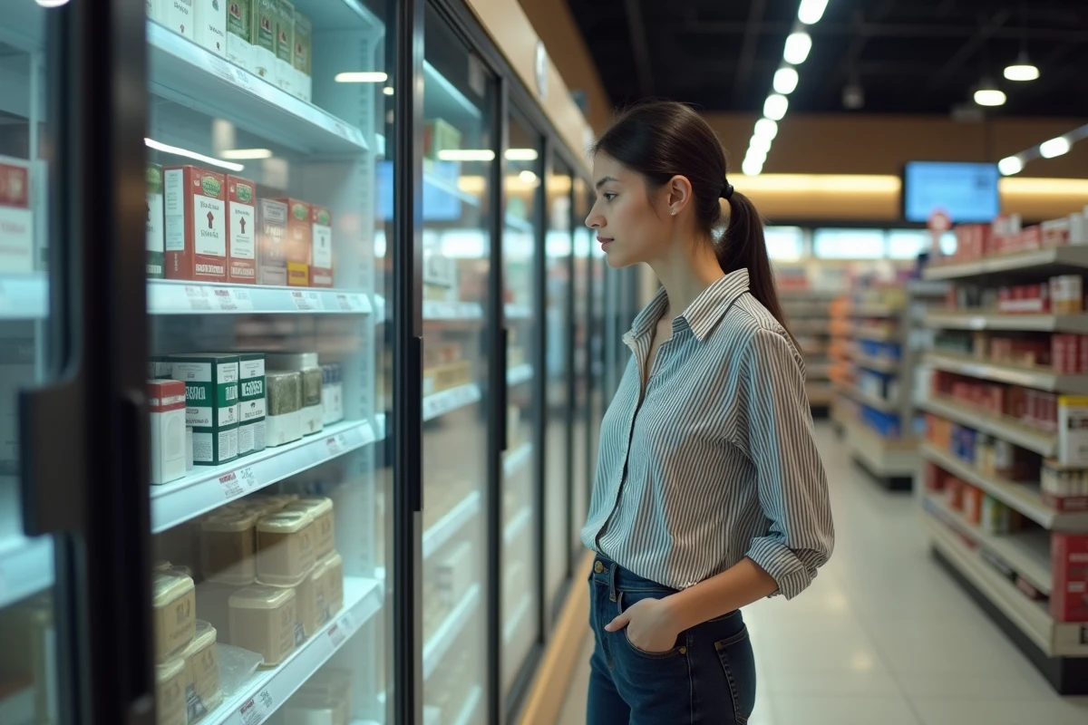 Femme consultant les prix du tabac dans un supermarché espagnol, rayon cigarettes sous vitrine