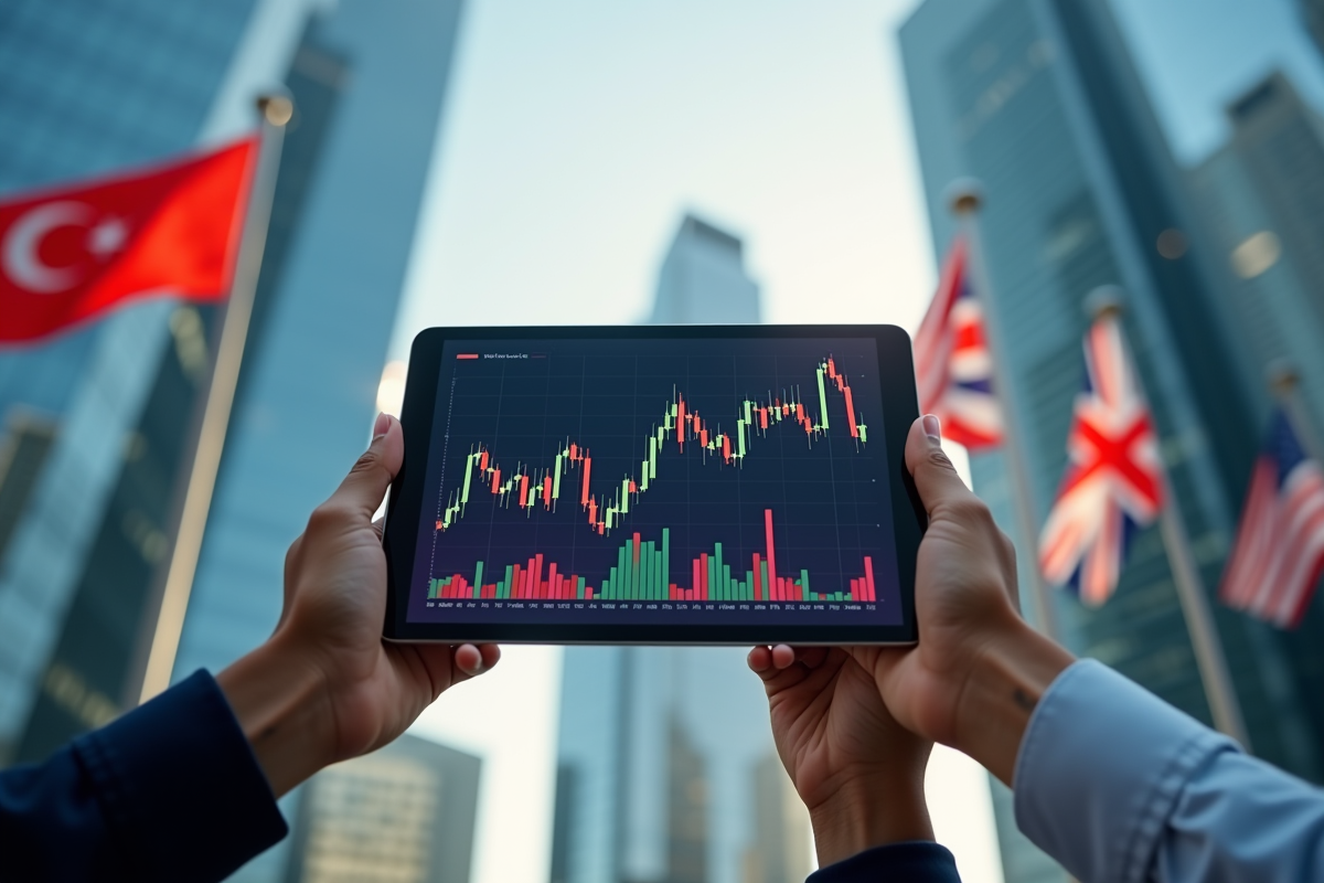 Trois mains tenant une tablette avec graphique de cryptomonnaies